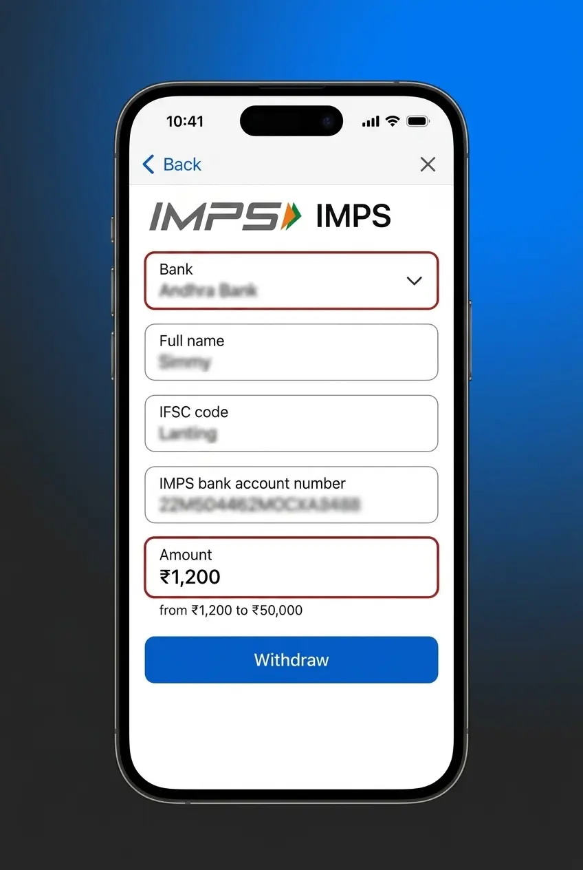 Step-by-step guide showing how to withdraw winnings on mobile with 5 numbered steps on screen