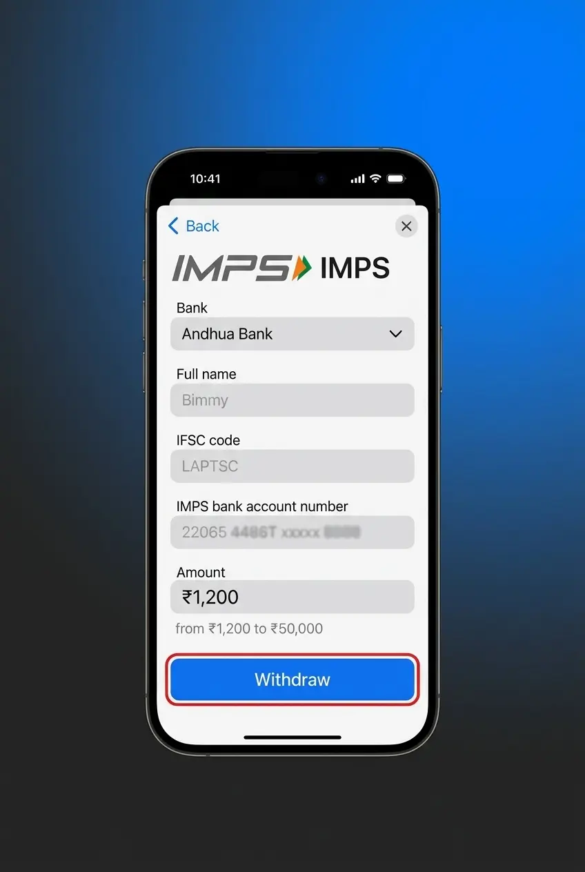 Step-by-step guide showing how to withdraw winnings on mobile with 5 numbered stages displayed on screen