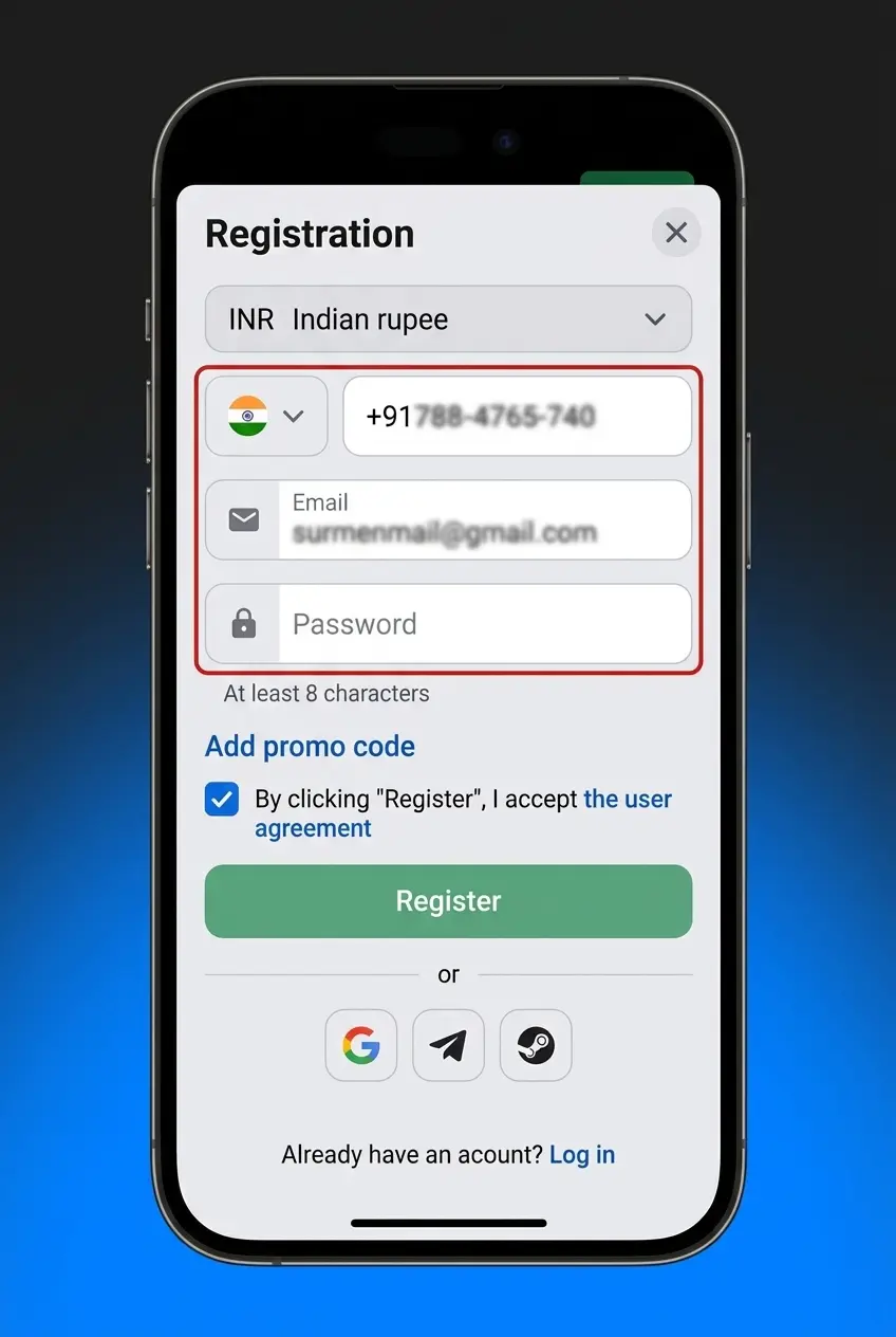 Currency and promo code fields on 1win registration form
