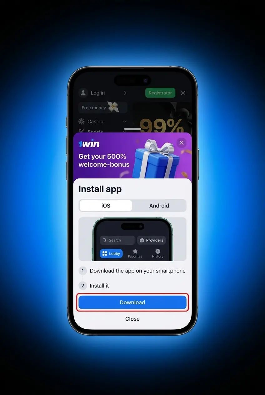 Android Chrome browser open on 1win website