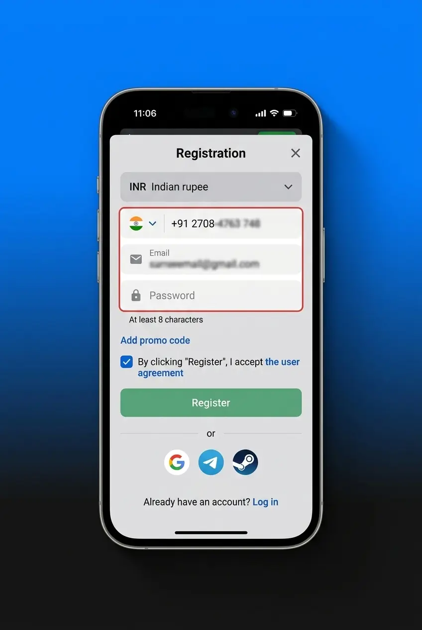 Step-by-step guide showing how to register an account on the 1win mobile app with sign up screen