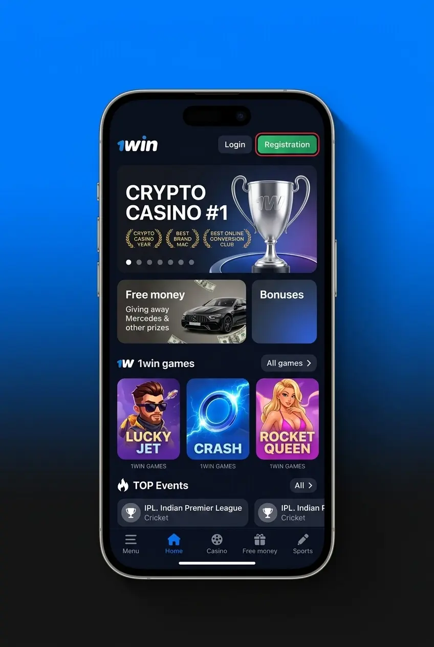 Step-by-step guide showing how to register an account using the 1win mobile app sign-up process