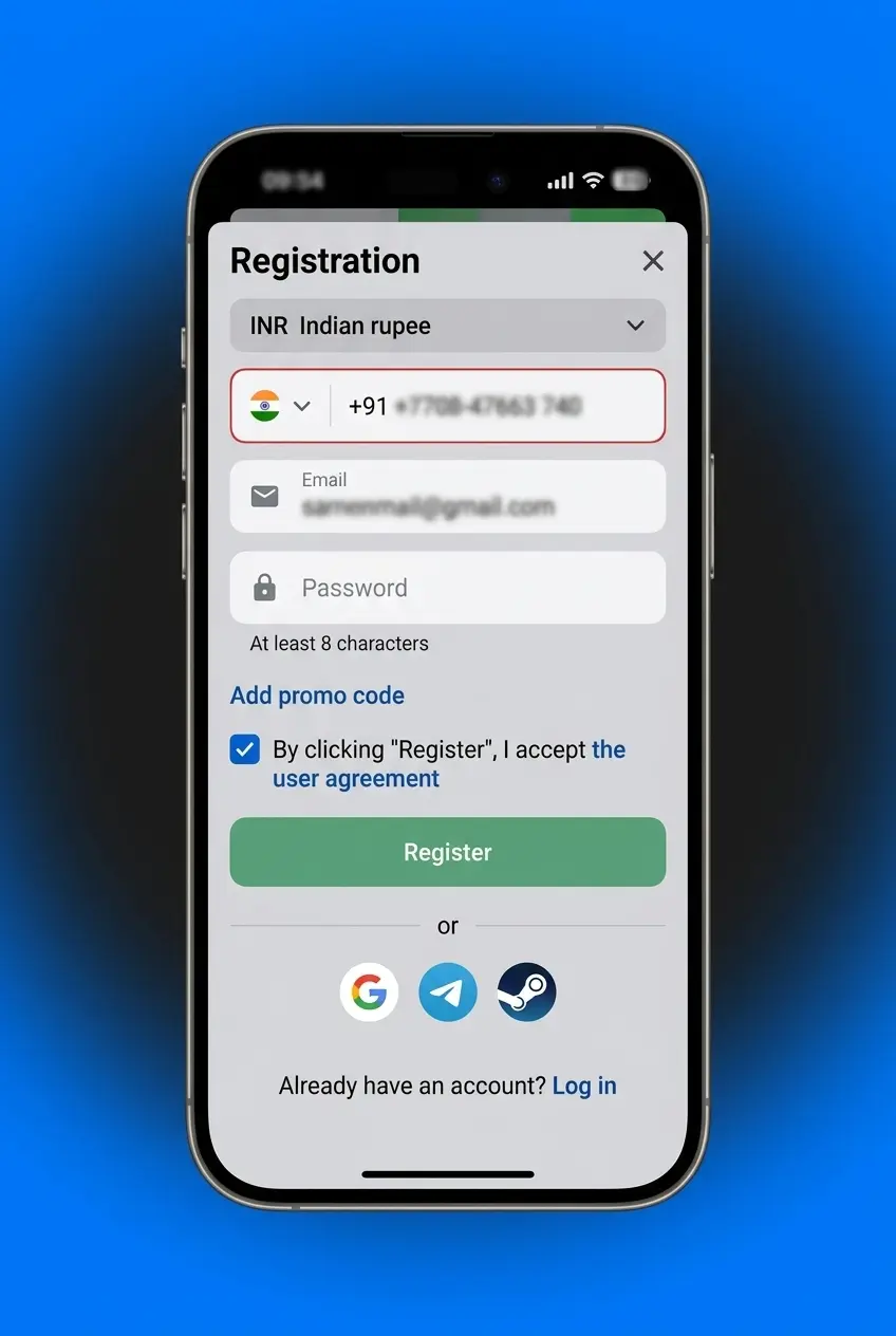1win registration details form
