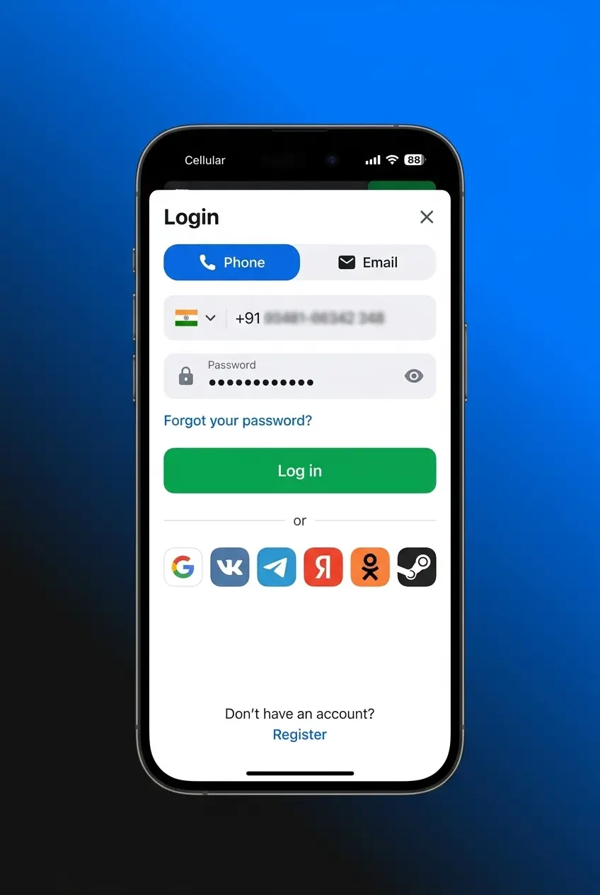 1win app login screen