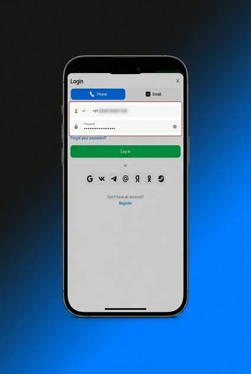 1win account login screen showing email, phone, password fields and two-factor authentication step