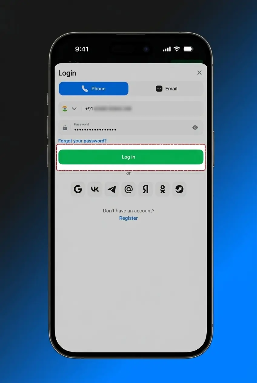 1win account login screen showing email, phone, password fields and two-factor authentication step