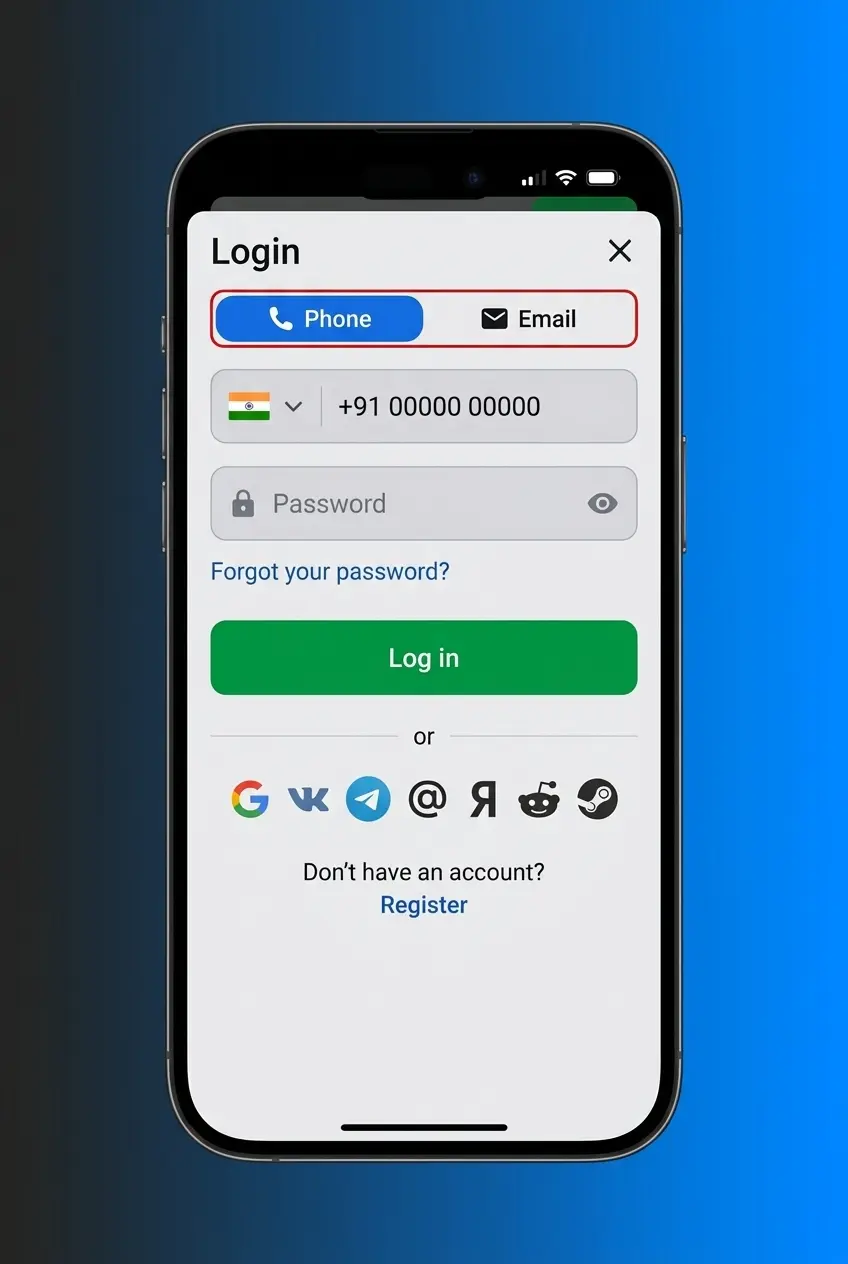 Step 1 - Open 1win mobile website and tap Log In